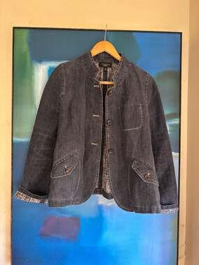 Talbots Blue 100% Linen Denim-Look Button Front Lightweight Jacket Size 10